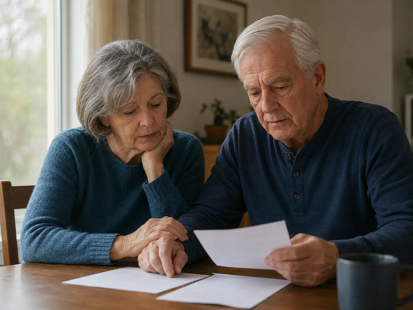 An older couple thoughtfully reviewing end-of-life planning documents together